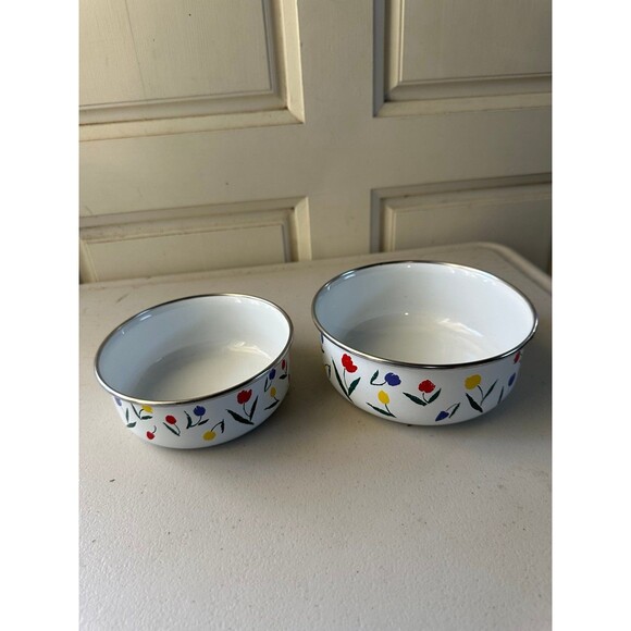 Vintage Kobe Kitchen Enamelware Tulip Tyme Metal Nesting Mixing Bowls Set - Picture 3 of 5